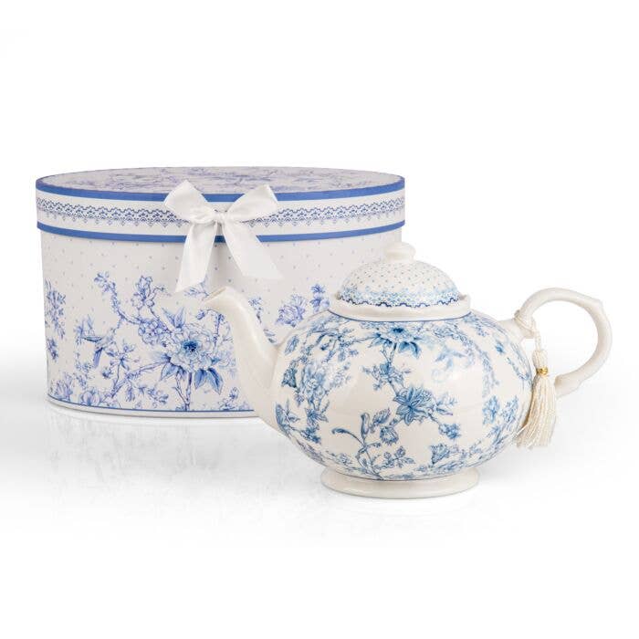 Vintage Blue Flowers Bone China Teapot in Gift Box