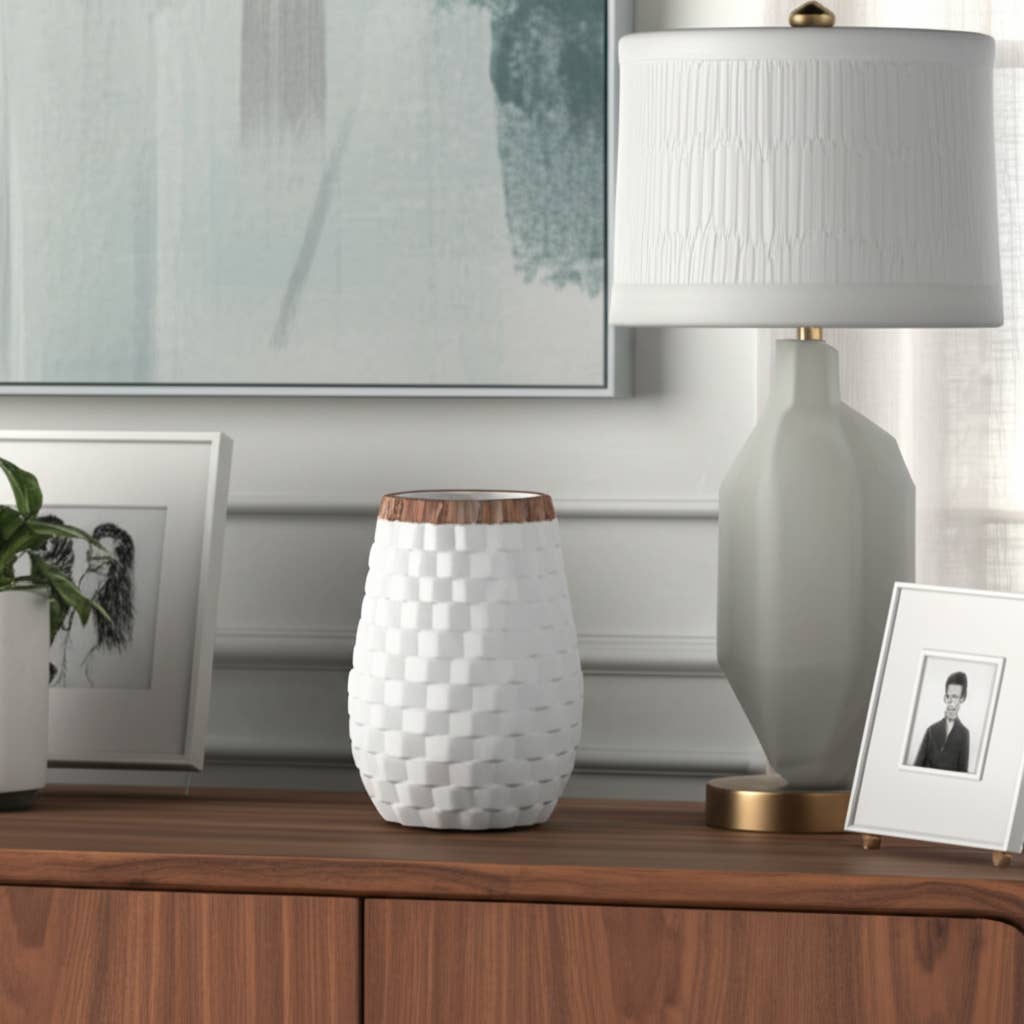 White 9 in. Ceramic Novelty Geometric Textured Vase