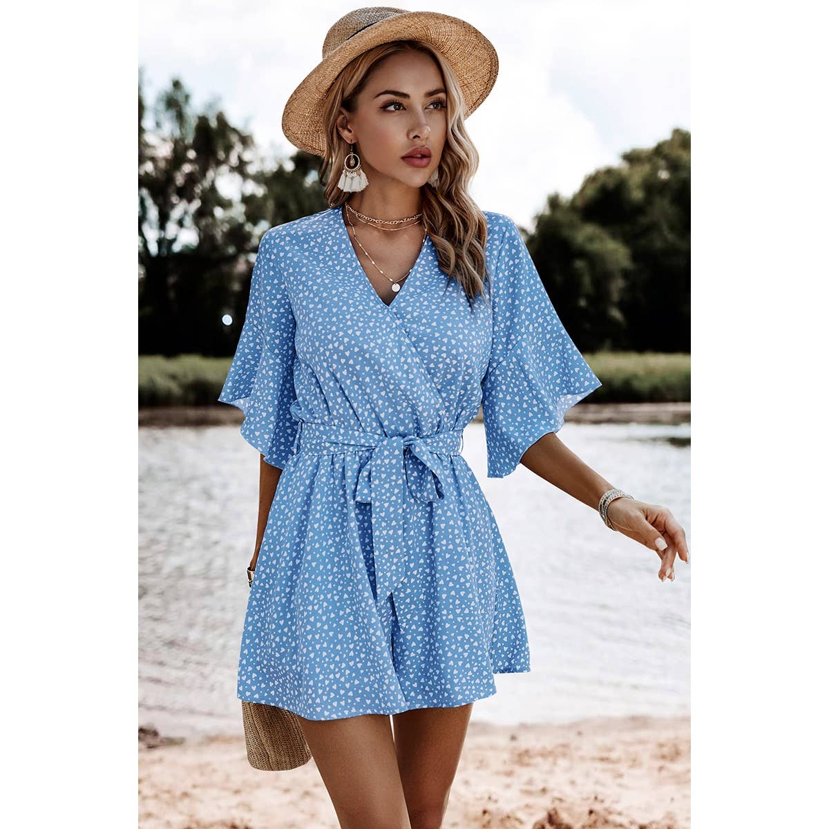 V Neck Ruffled Belted Flared Hemmed Romper