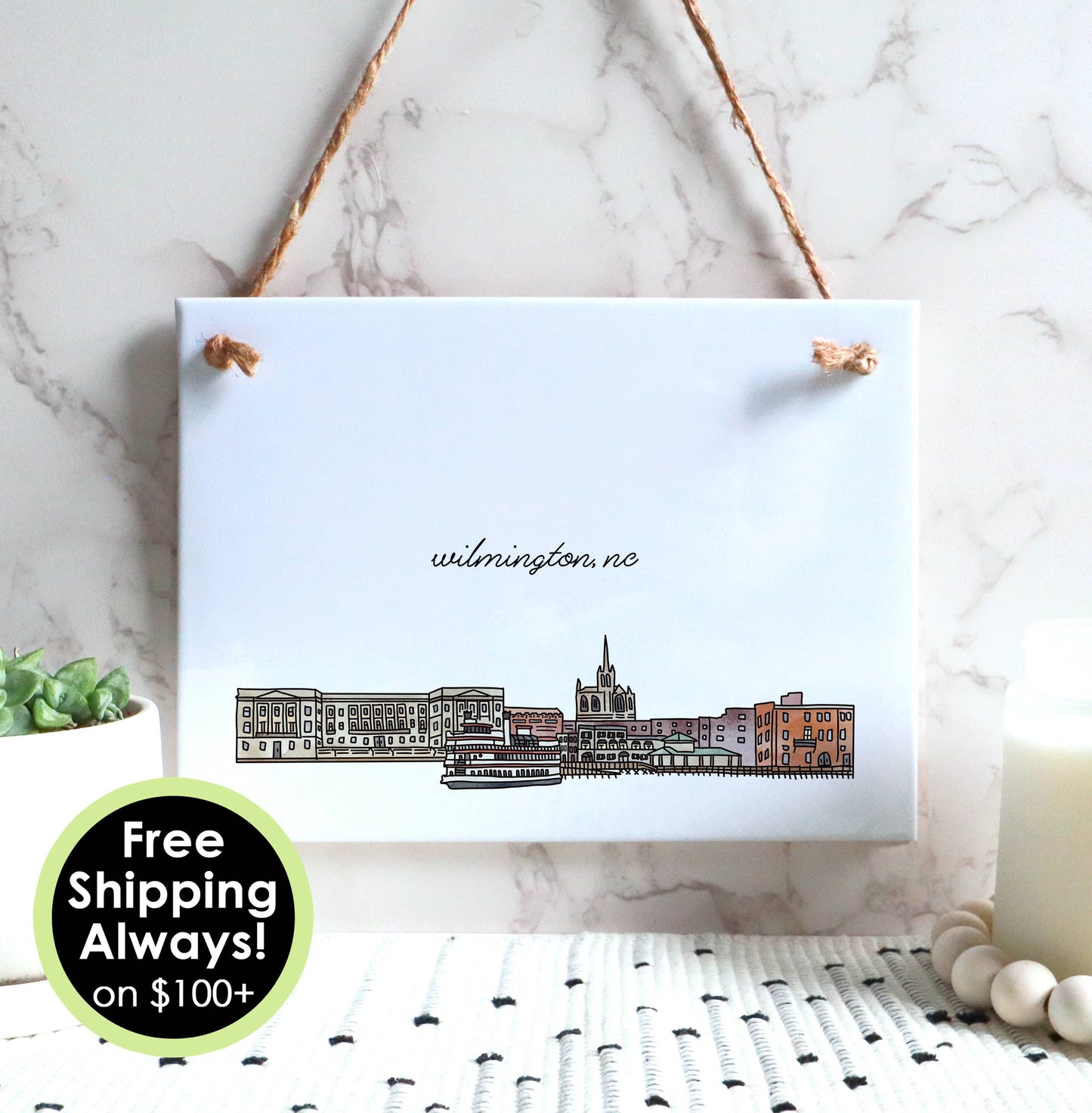 Wilmington North Carolina skyline city hanging tile sign