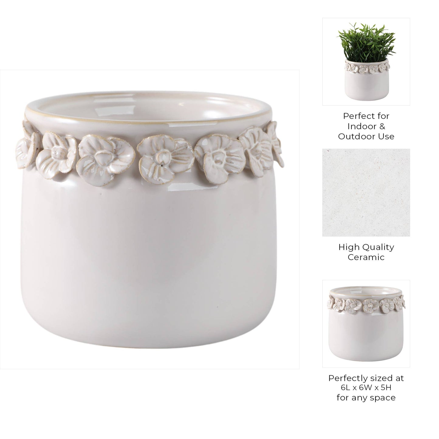 Plant Pot - Ivory Ceramic Sculpted Floral Rim Applique, 6 in