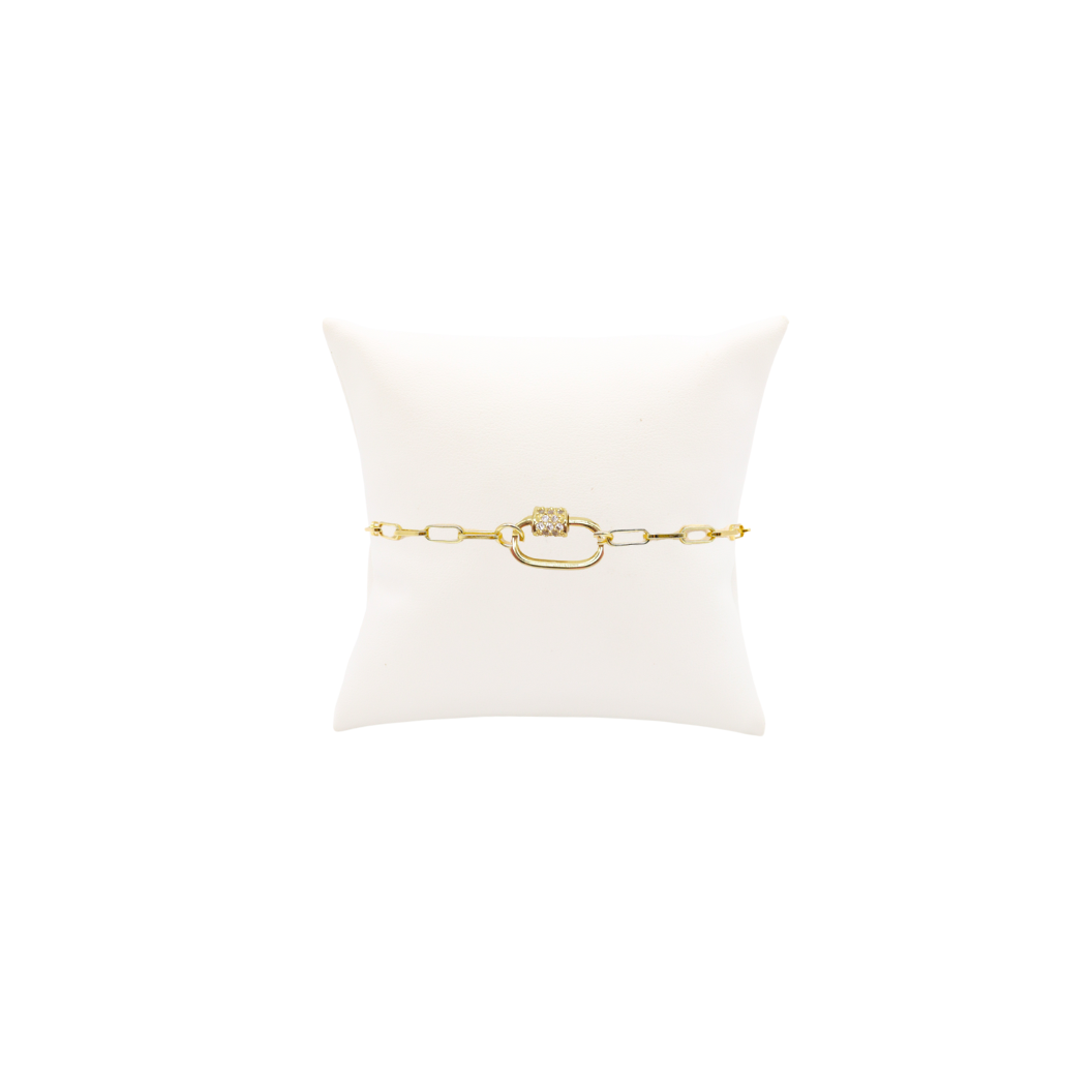 Gold Ashley (Box) Paperclip Chain Charm Bracelet with Clear Cubic Zirconia Small Gabi Carabiner