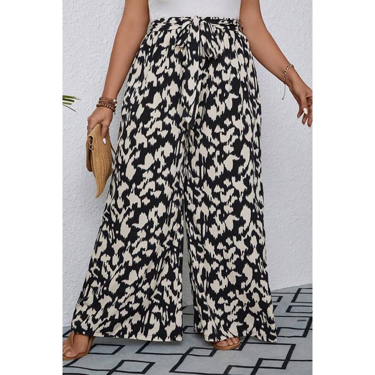 Plus Animal Print Wide Leg Belt Pant