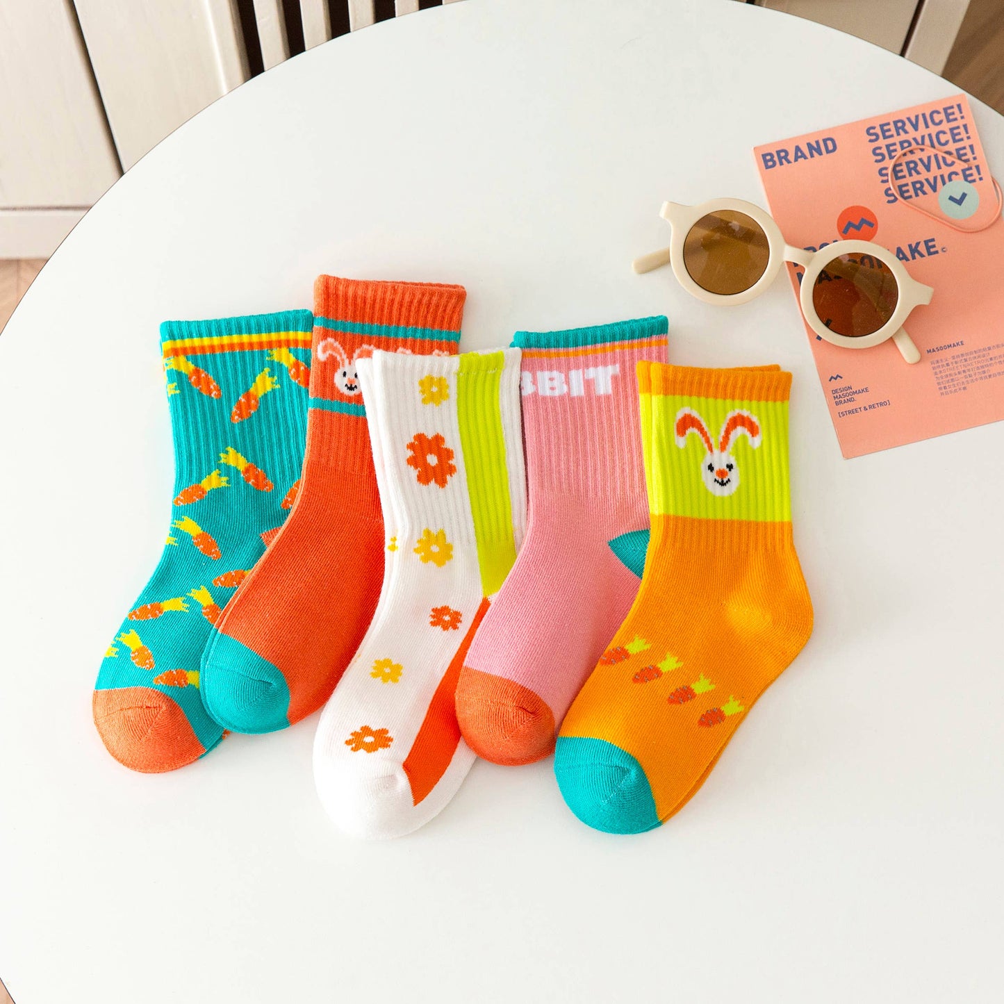 5-pack Toddler/kids Mid-Calf Socks with Rabbit and Flower