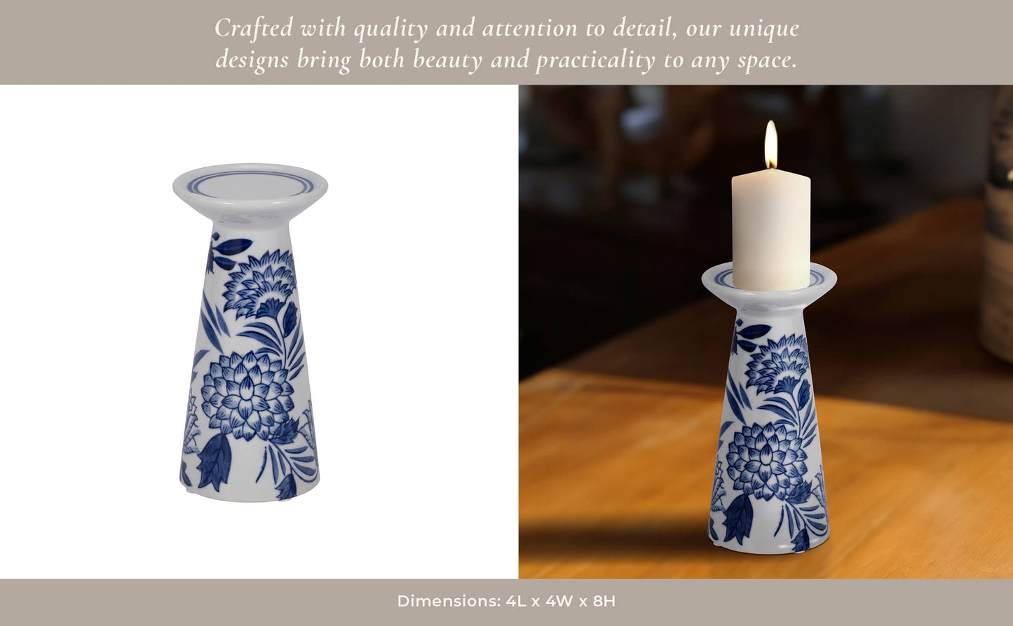 White 8 in. Porcelain Cylinder Chinoiserie Candle Holder