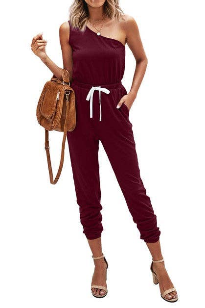 One Shoulder Drawstring Jumpsuit - Clearance