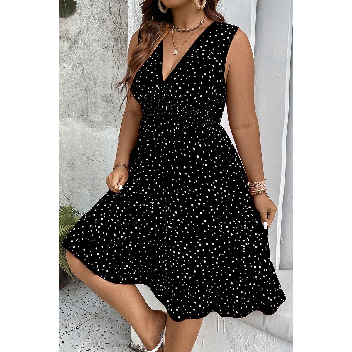 Plus Polka Dot Waist Shirred Sleeveless Fit Dress