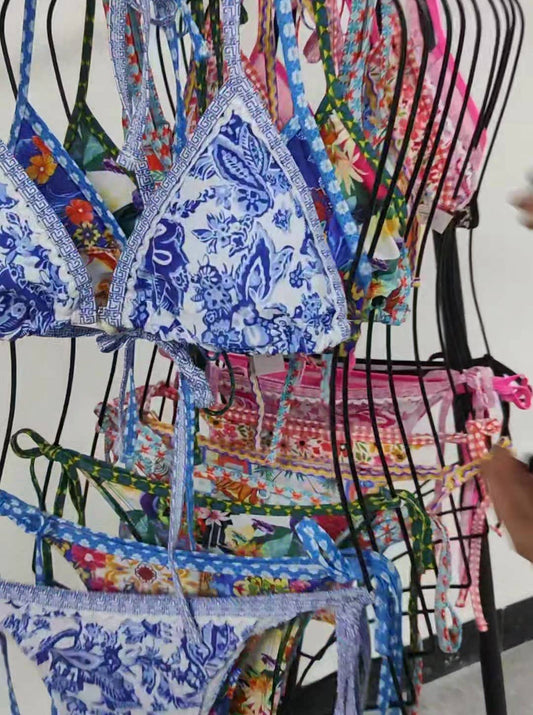 Bohemian Print Lace-Up Sexy Bikini Split Swimsuit Set