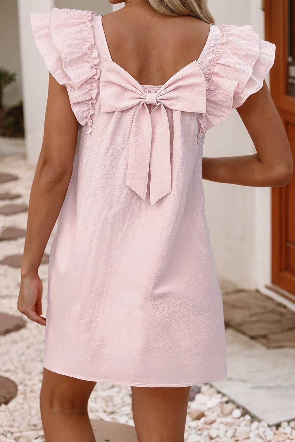 LDC Textured Flutter Sleeve Square Neck Bow Back Mini Dress