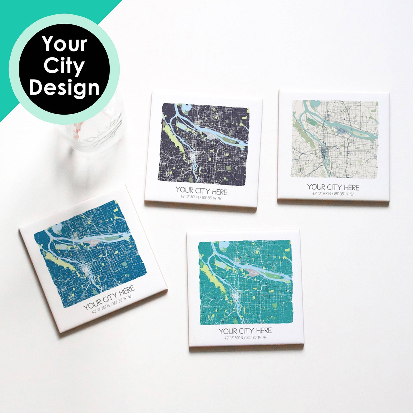 Watercolor City Map Coasters - Your City - Custom Order