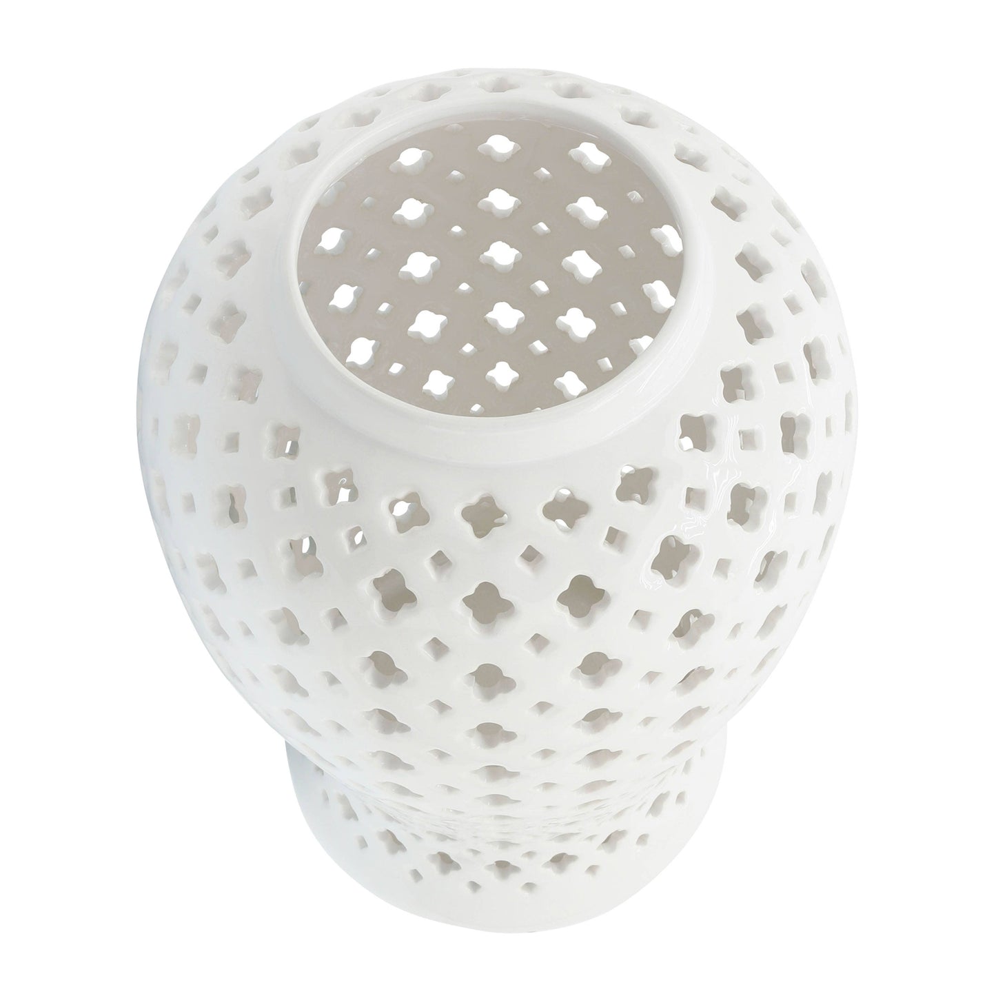 Decorative Temple Jar - White Ceramic Cut-out Clover, 24 in.
