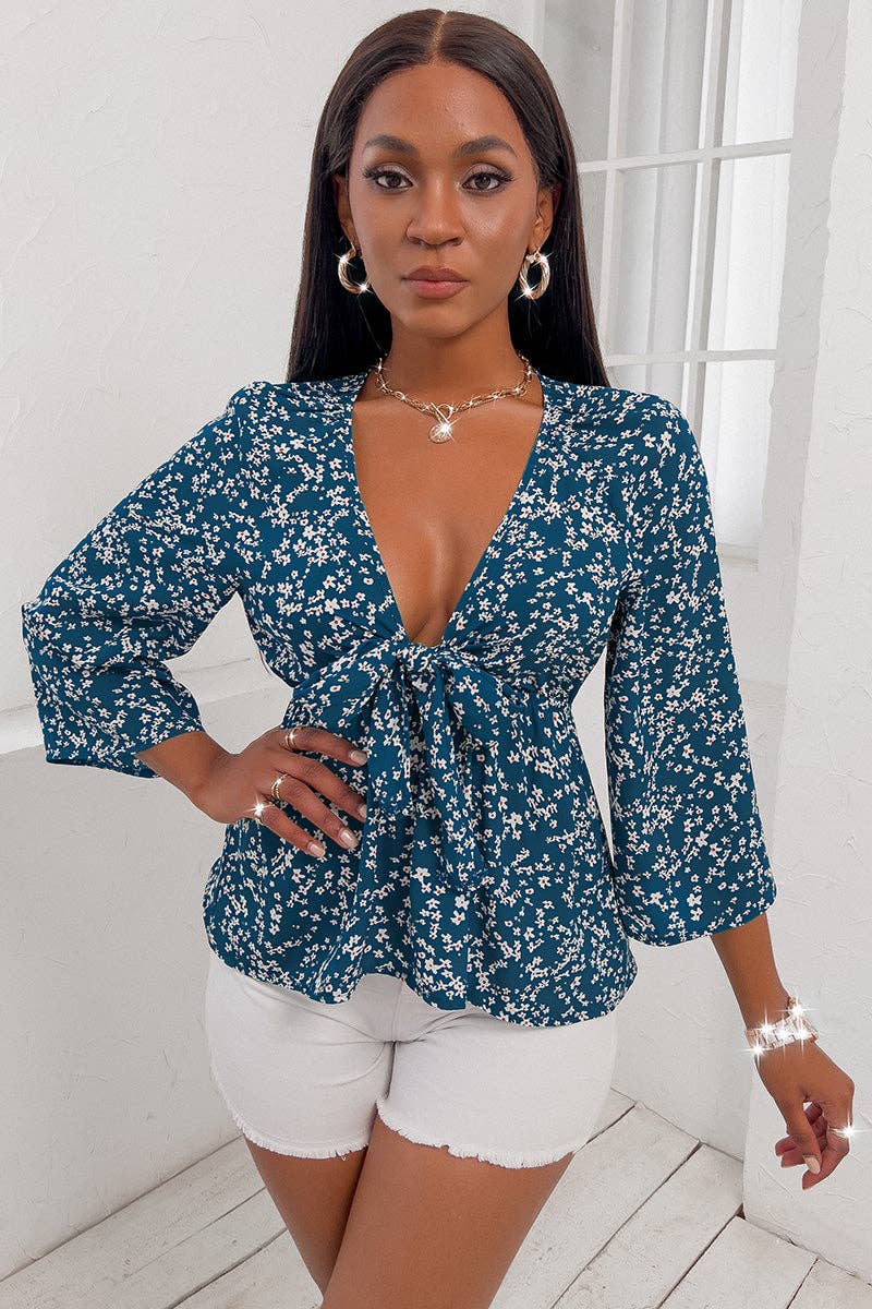 V Neck 3/4 Sleeve Floral Chest Tie Top