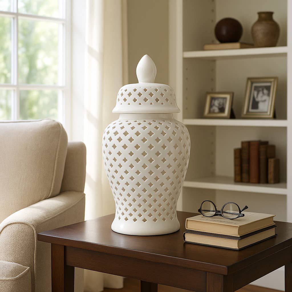 Decorative Temple Jar - White Ceramic Cut-out Clover, 24 in.