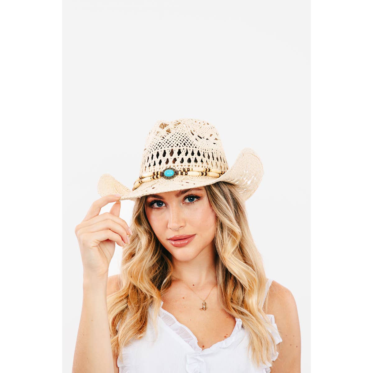 Straw Braided Beaded Strap Cowboy Hat