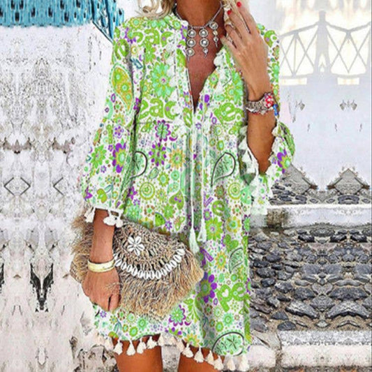 Women Print V Neck Tassel 3/4 Sleeve Shift Dress Bohemian Casual Knee Length Dress