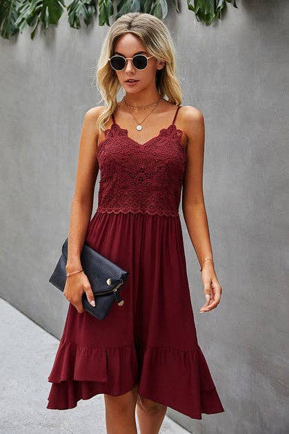 Spaghetti Strap Solid Ruffle Dress - With Lace Detailing