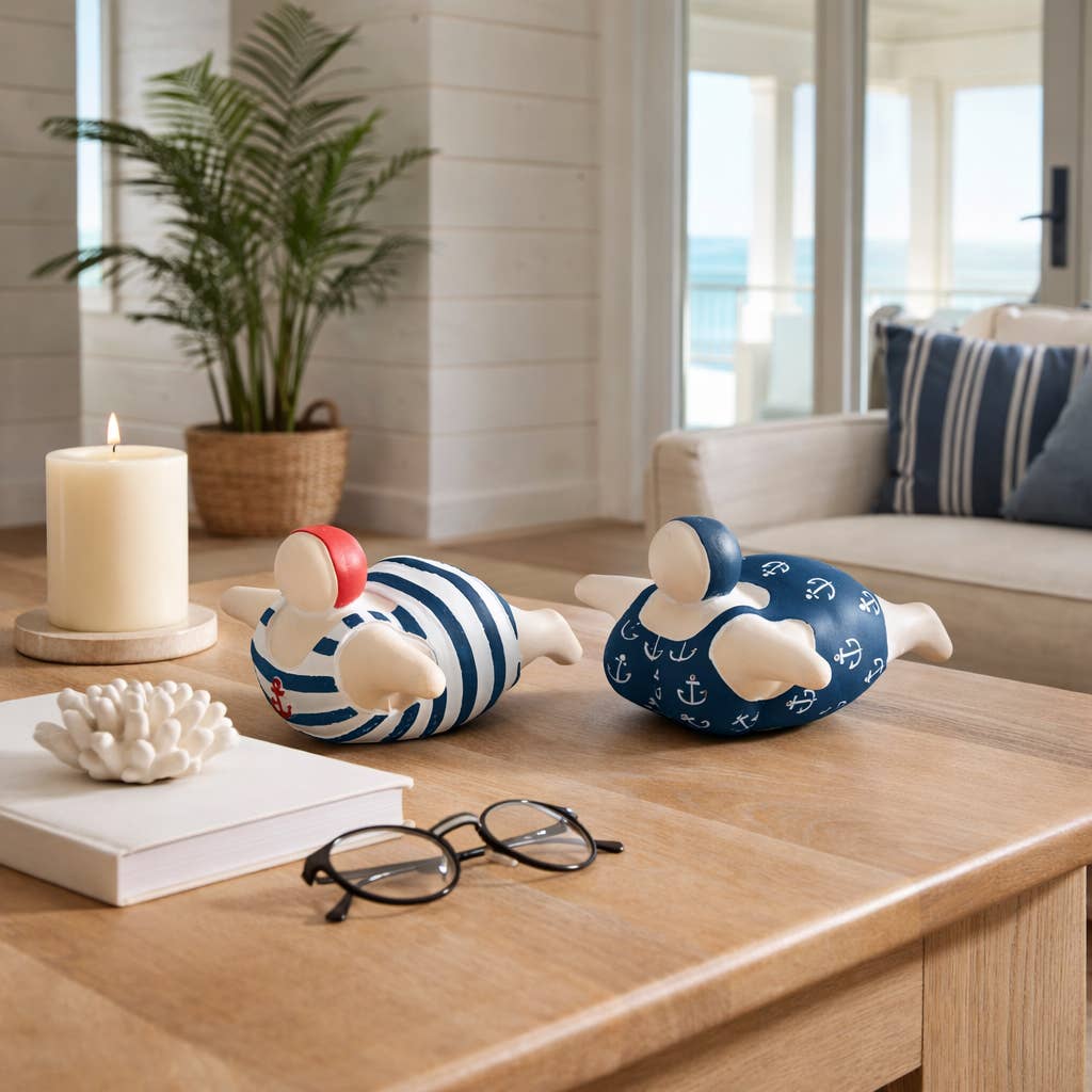 Figurines Set of 2 - Blue Ceramic Bathing Beauties, 7 in.
