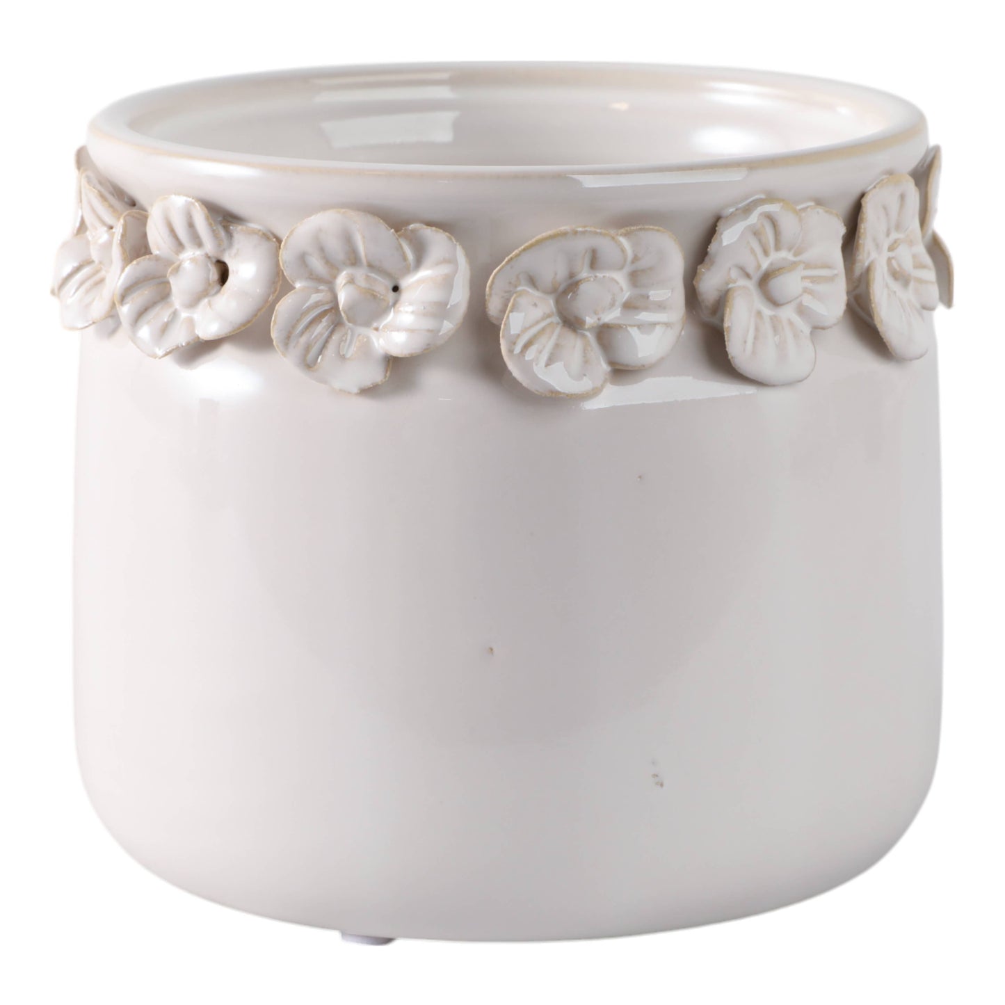 Plant Pot - Ivory Ceramic Sculpted Floral Rim Applique, 6 in