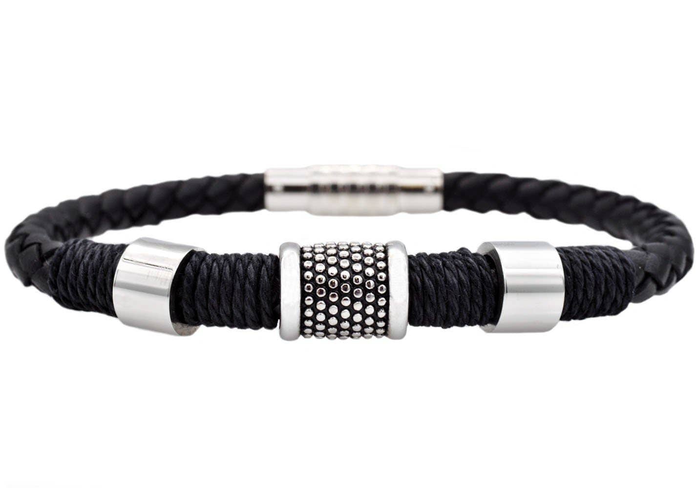 Men's Black Leather Stainless Steel Bracelet