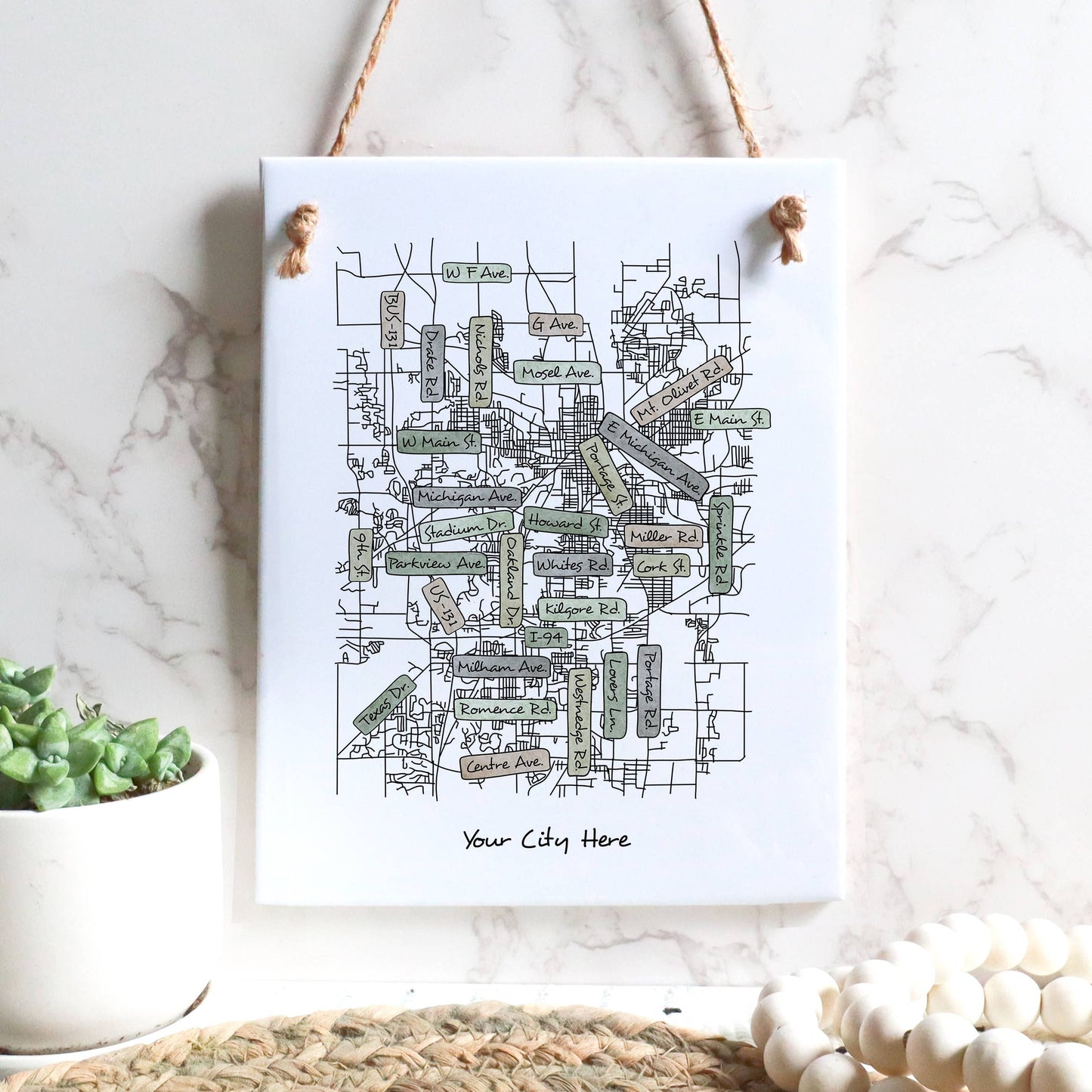 City Street Map Tile Sign - Rectangle - Custom Order