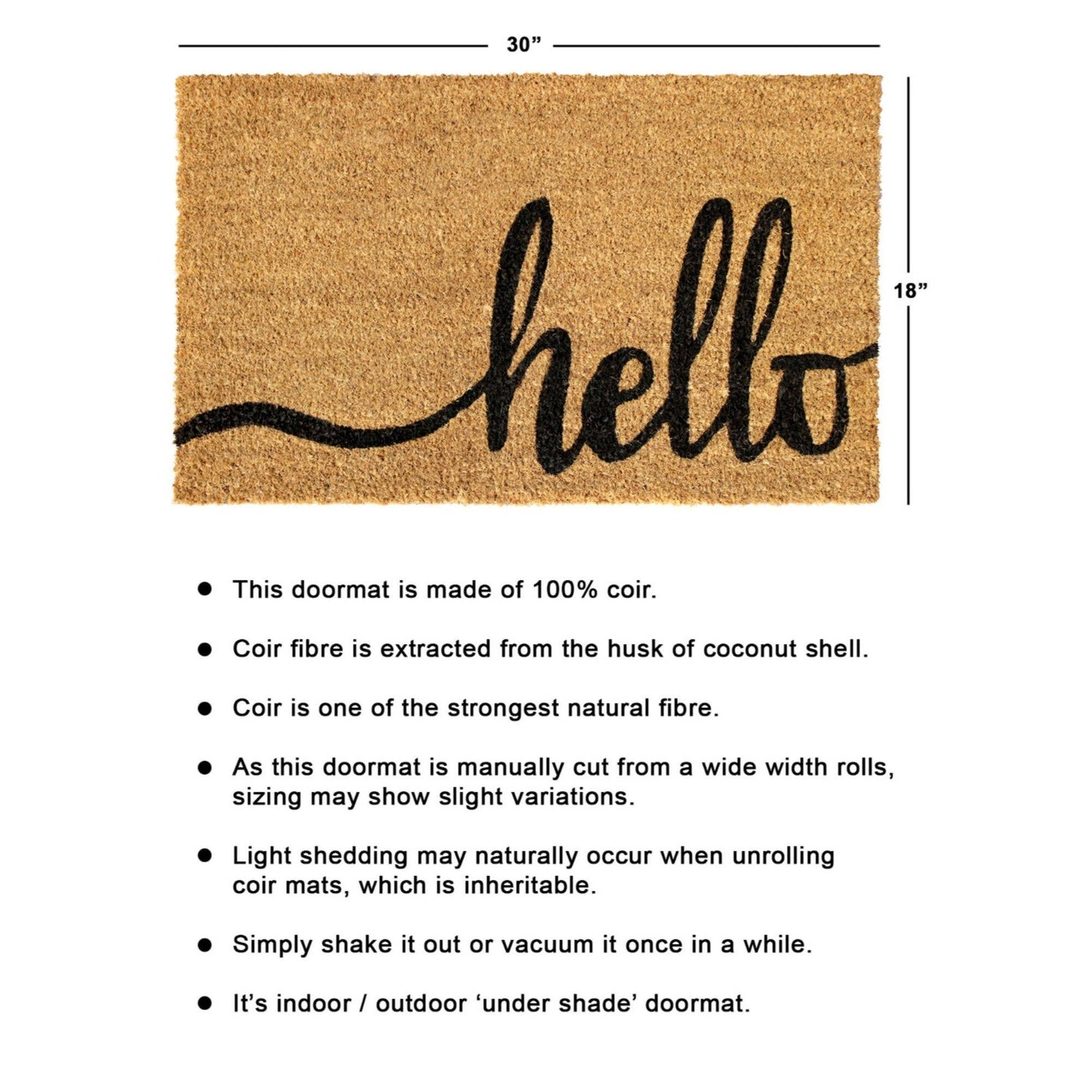 RugSmith Black Natural Hello Doormat, 18" x 30"