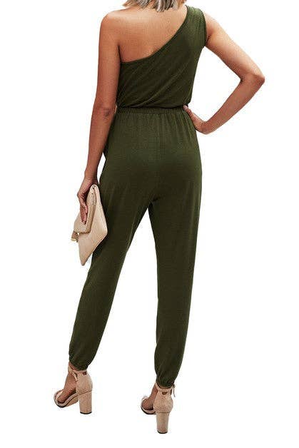 One Shoulder Drawstring Jumpsuit - Clearance