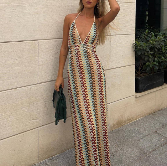 Summer Crocheted Colour-Blocked V-Neck Slip Dress