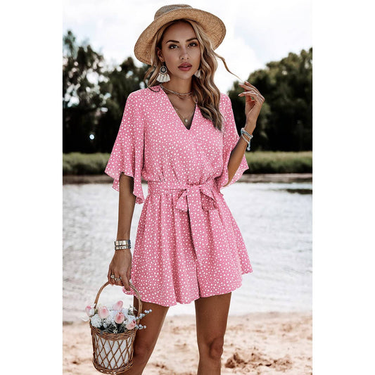 V Neck Ruffled Belted Flared Hemmed Romper