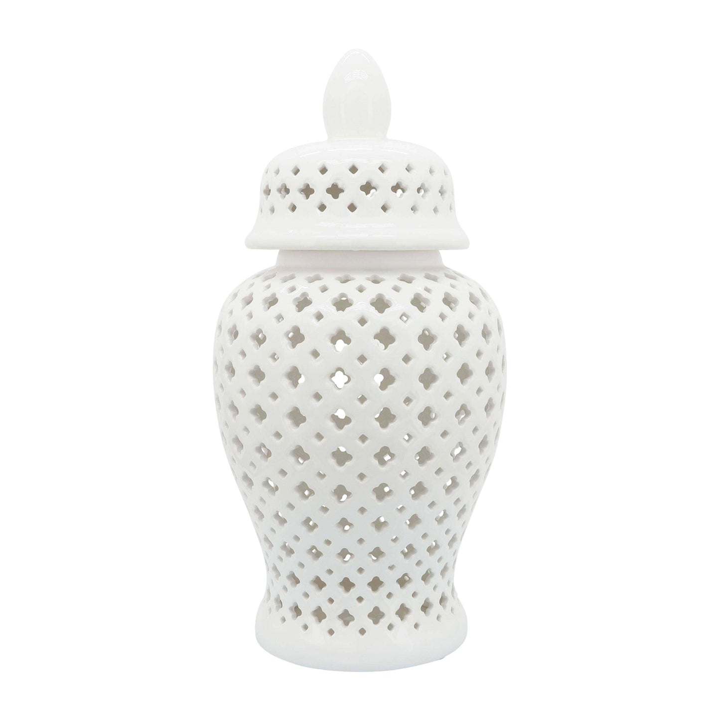 Decorative Temple Jar - White Ceramic Cut-out Clover, 24 in.