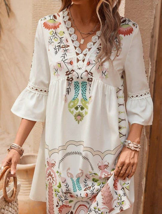 V-Neck Lace Panel Casual Vintage Print Dress