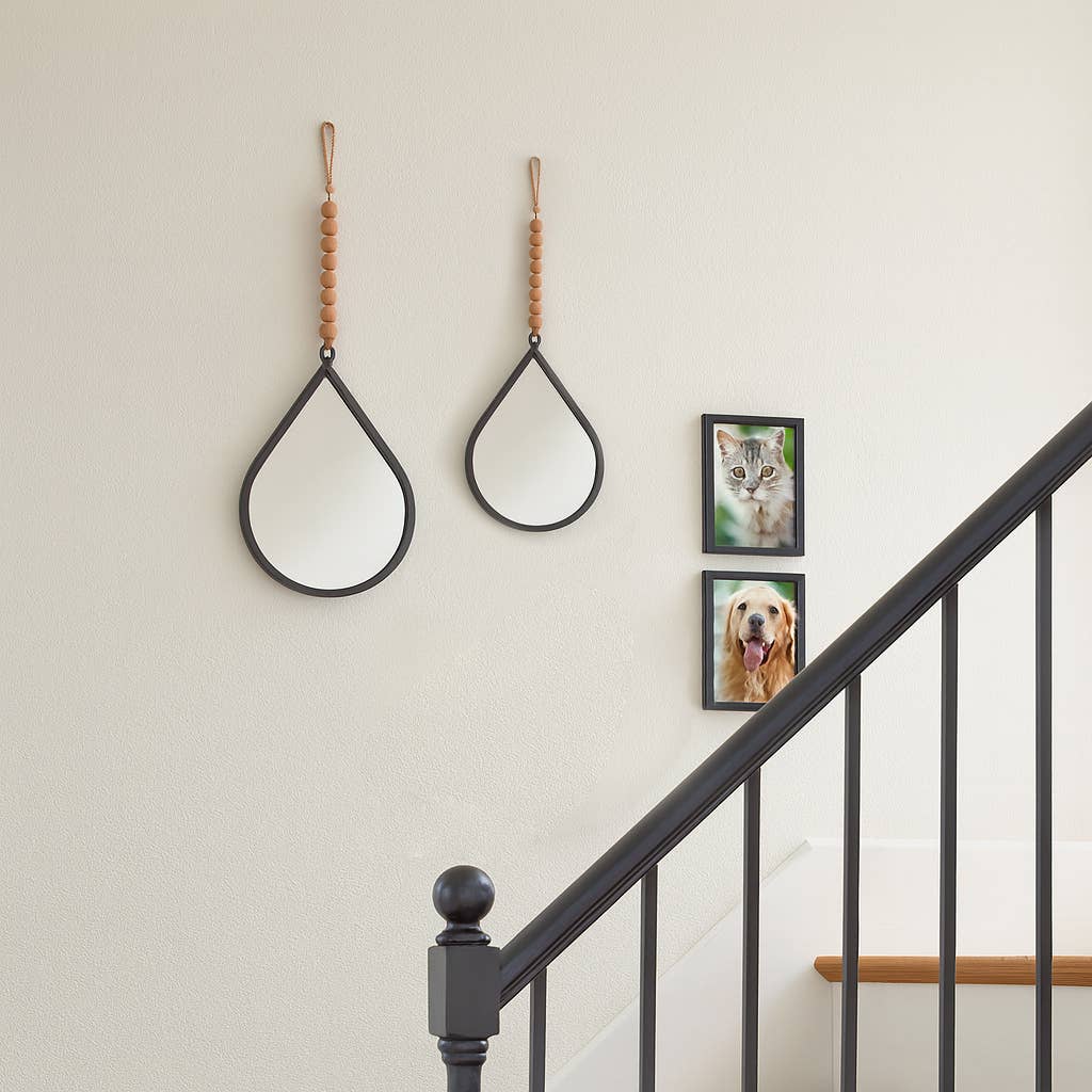 Wall Mirror Set of 2 - Silver Metal Wood Teardrop, 11/14 in.