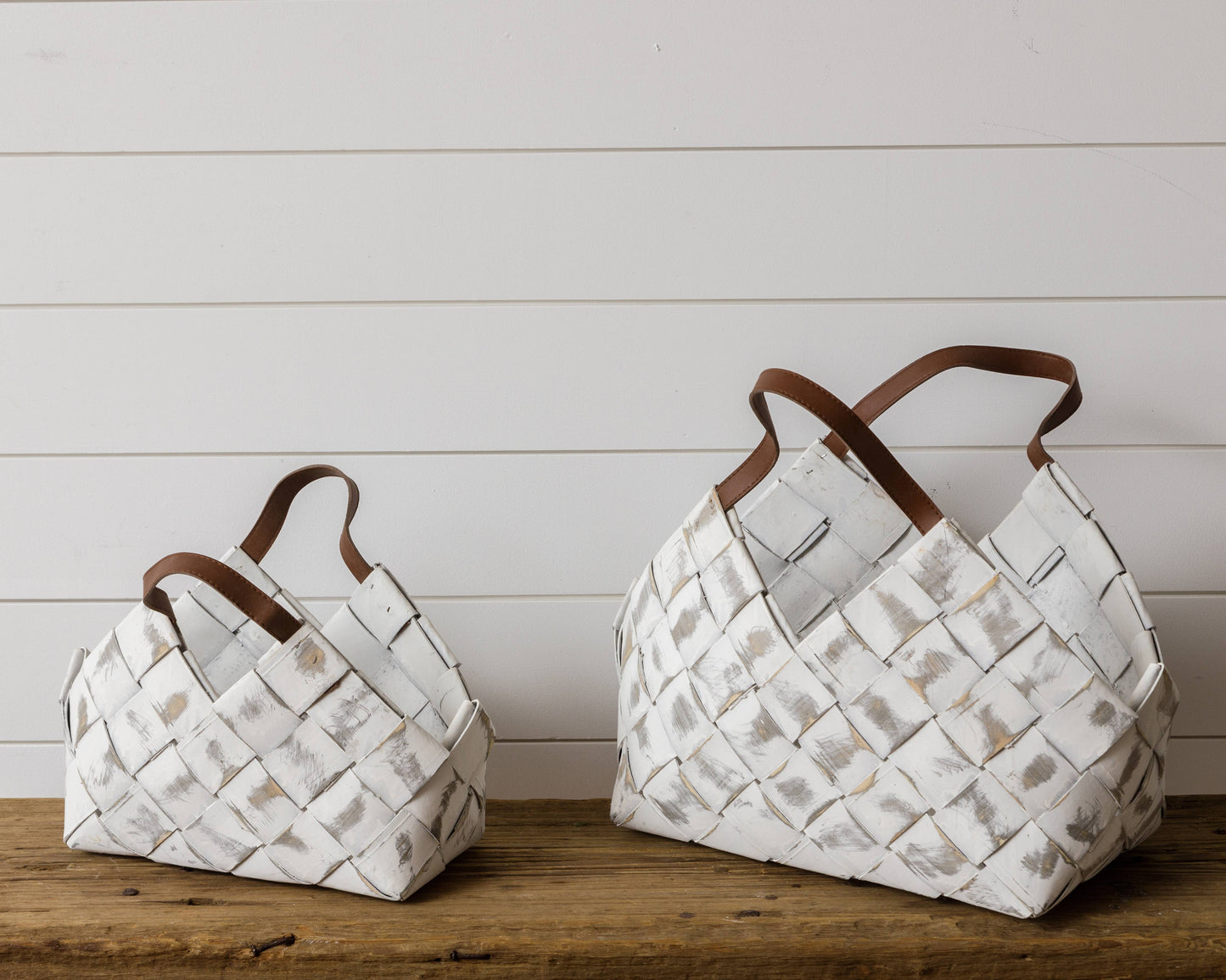 Basket - Whitewash Chipwood With Leather Handle (Set Of 02)