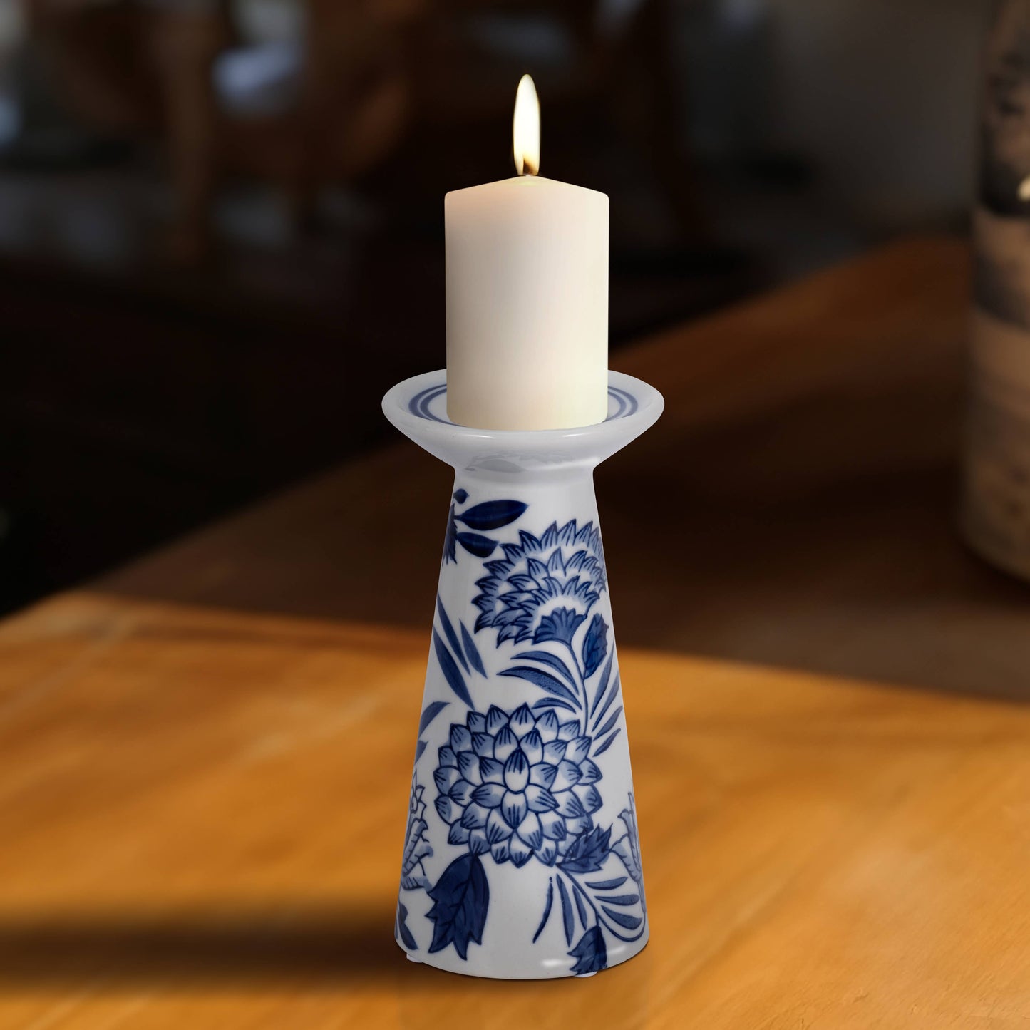 White 8 in. Porcelain Cylinder Chinoiserie Candle Holder