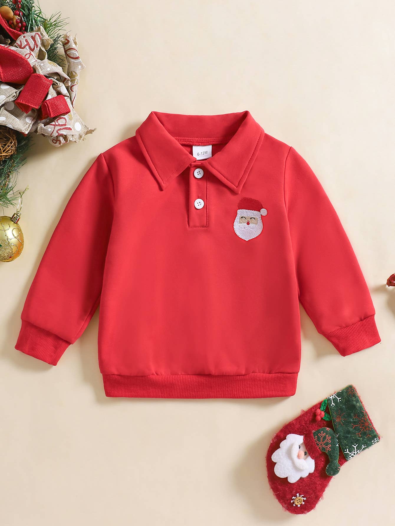 Santa Embroidered Red Polo Sweatshirt (Non PatPat)