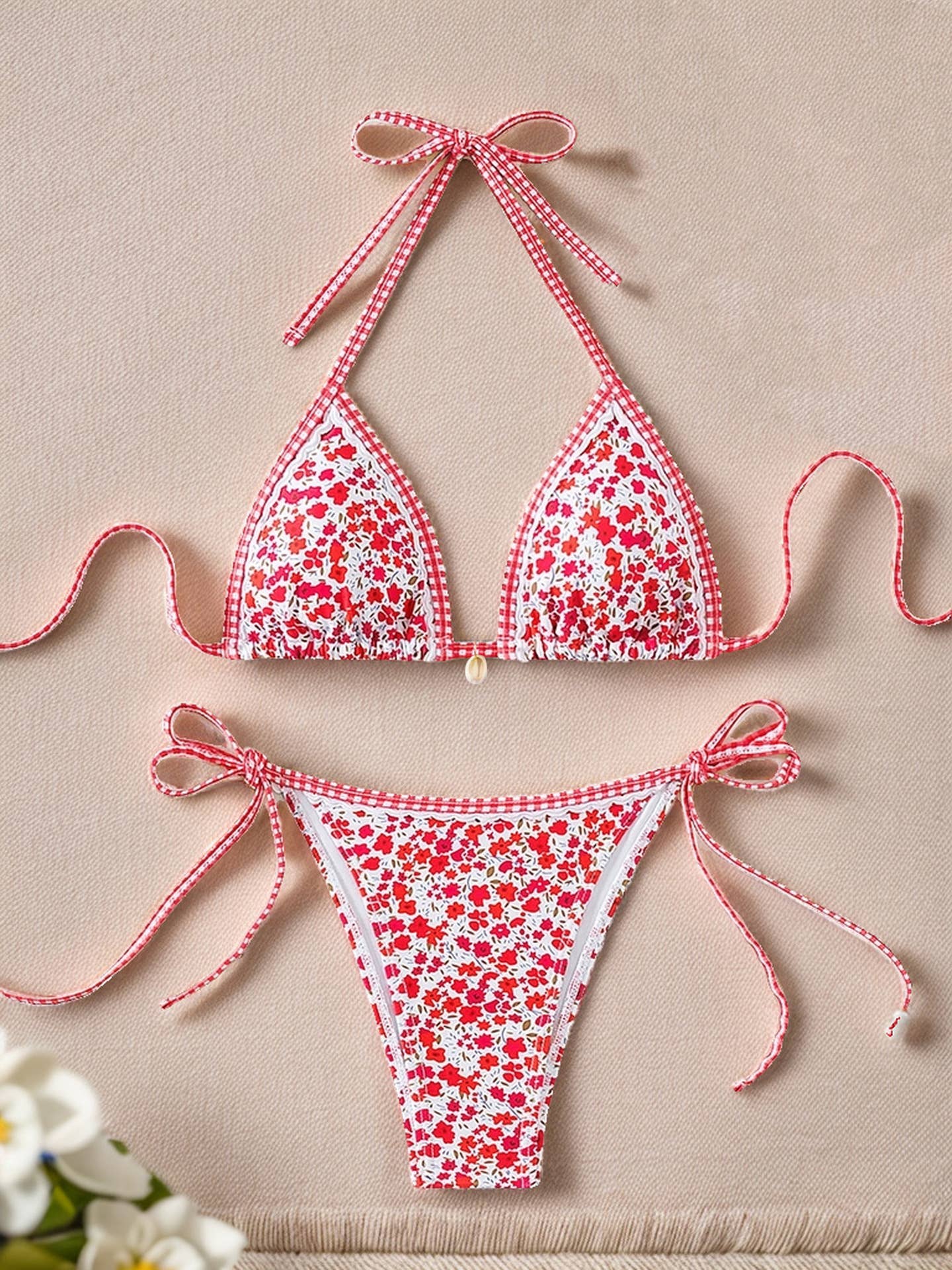 Bohemian Print Lace-Up Sexy Bikini Split Swimsuit Set