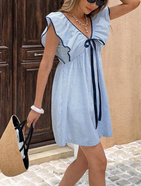 Striped Mini Dress with Ruffle Sleeves and Front Bow