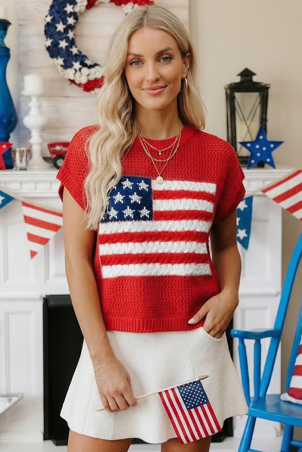 Spring Flag Graphic Short Sleeve Sweater Top (S-XL)