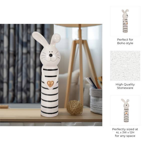 Ceramic Lines Bunny with Gold Heart Figurine - Black, 12 in.