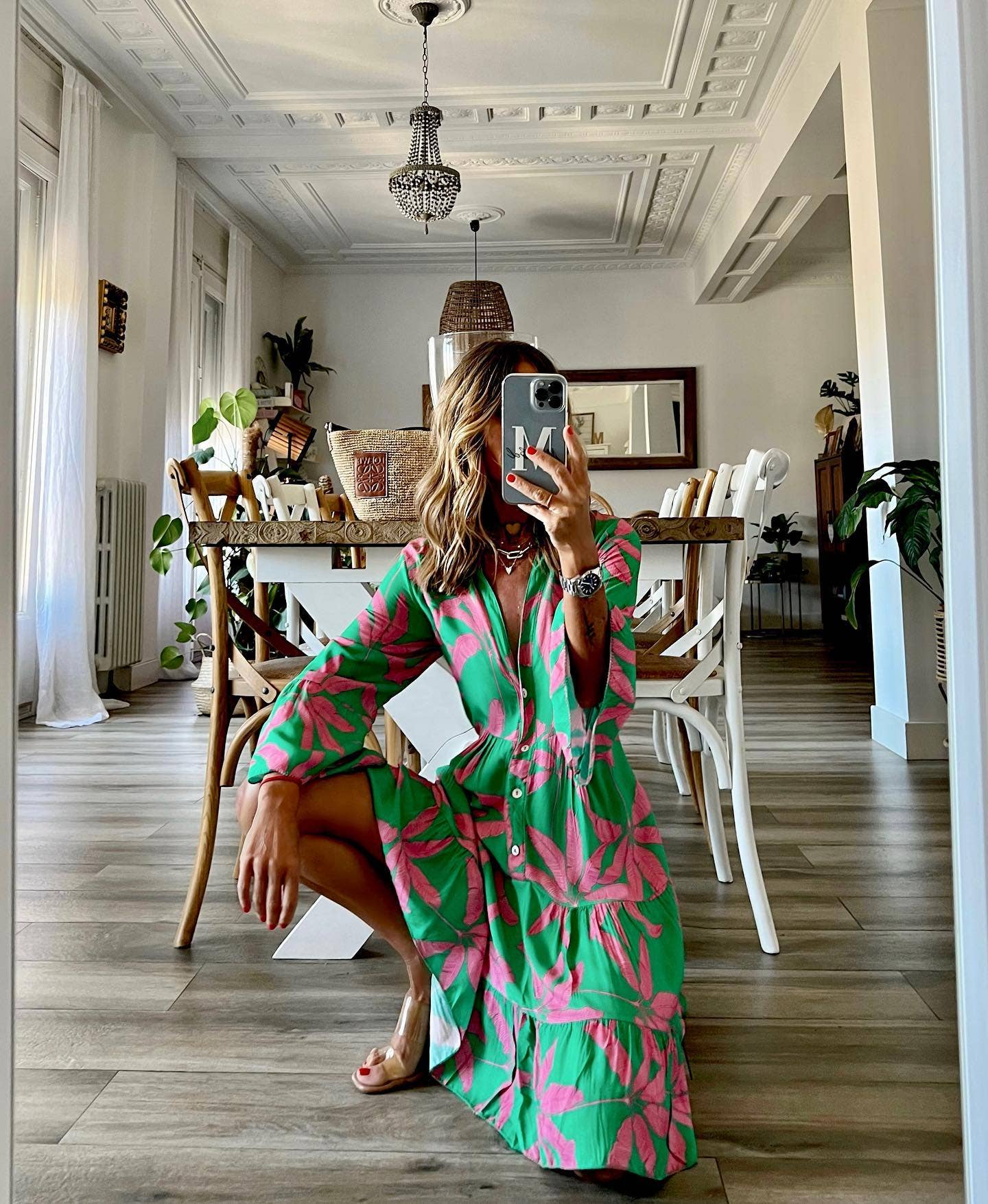 Banana Floral Buckle Ruffled Flared Sleeve Dress
