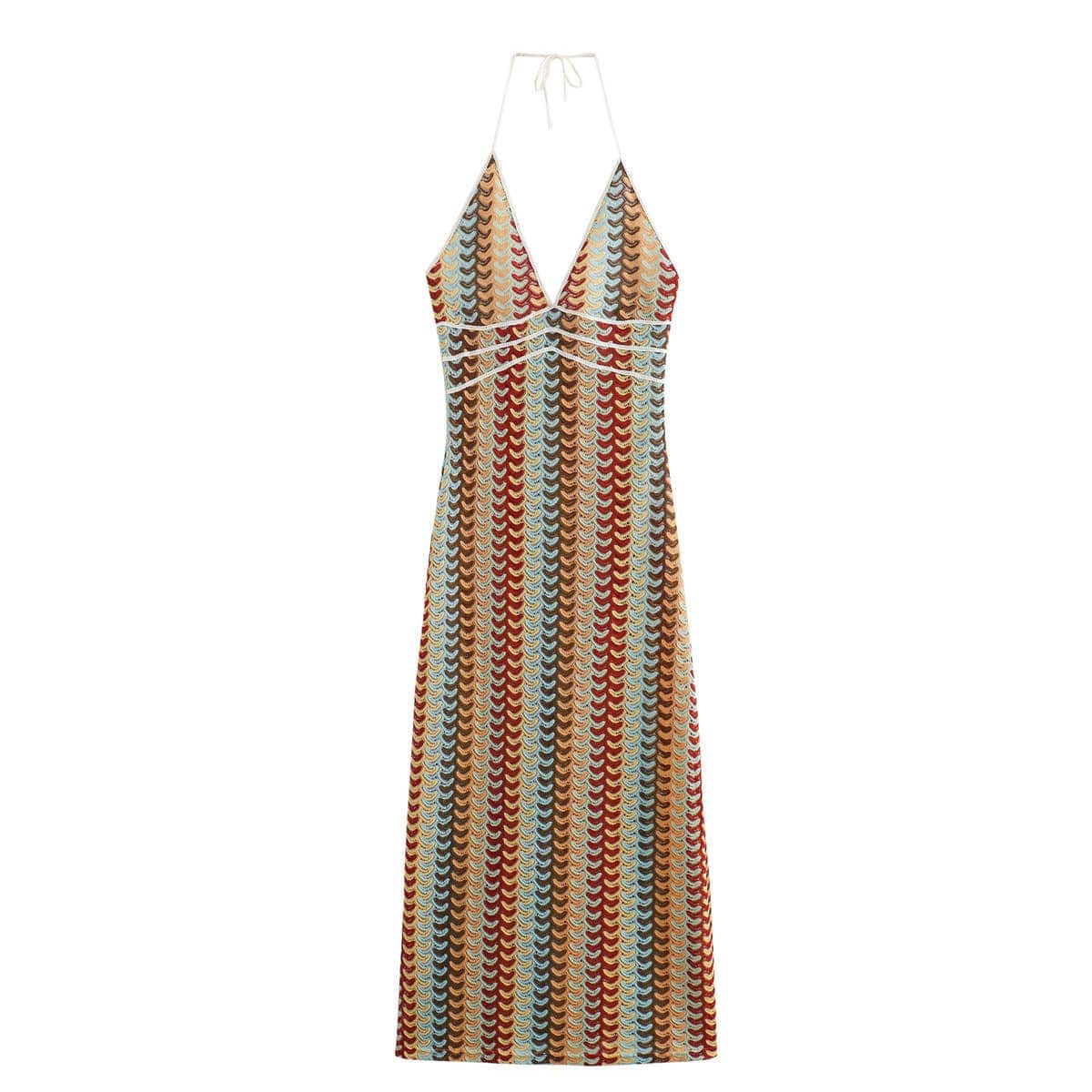 Summer Crocheted Colour-Blocked V-Neck Slip Dress