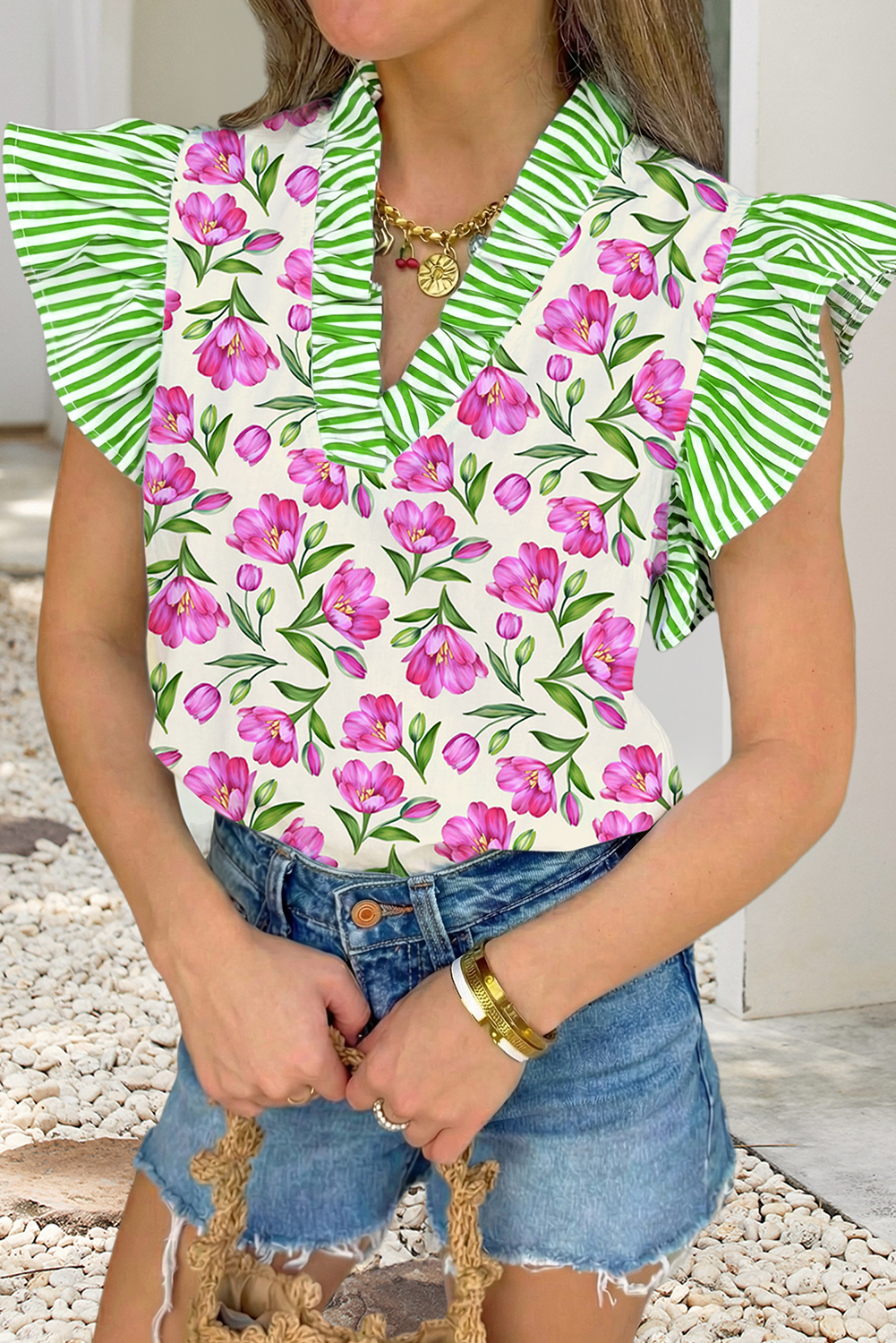 LDC Floral Striped Short Sleeve V Neck Blouse