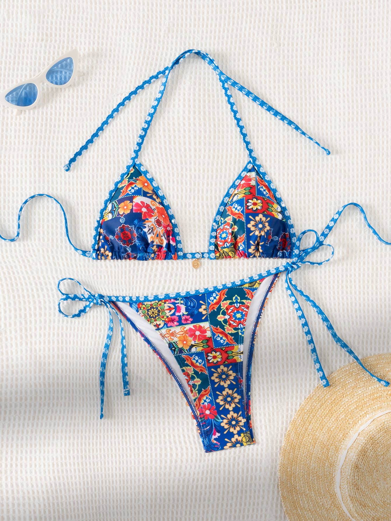 Bohemian Print Lace-Up Sexy Bikini Split Swimsuit Set
