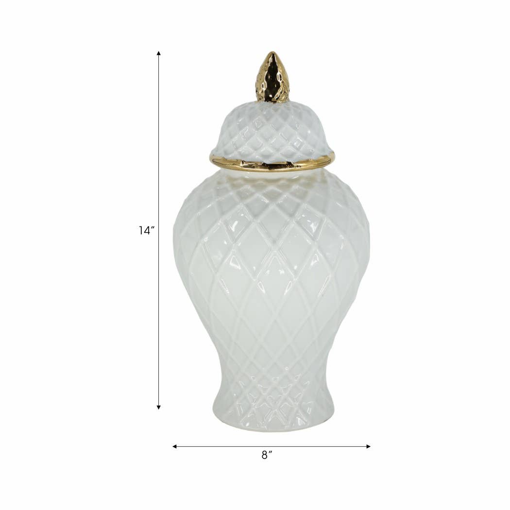 Ceramic Rope Lidded Decorative Temple Jar - White, 14 in.