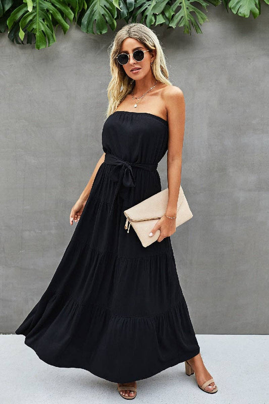 Off Shoulder Waist Tie Ruffle Dress - Clearance