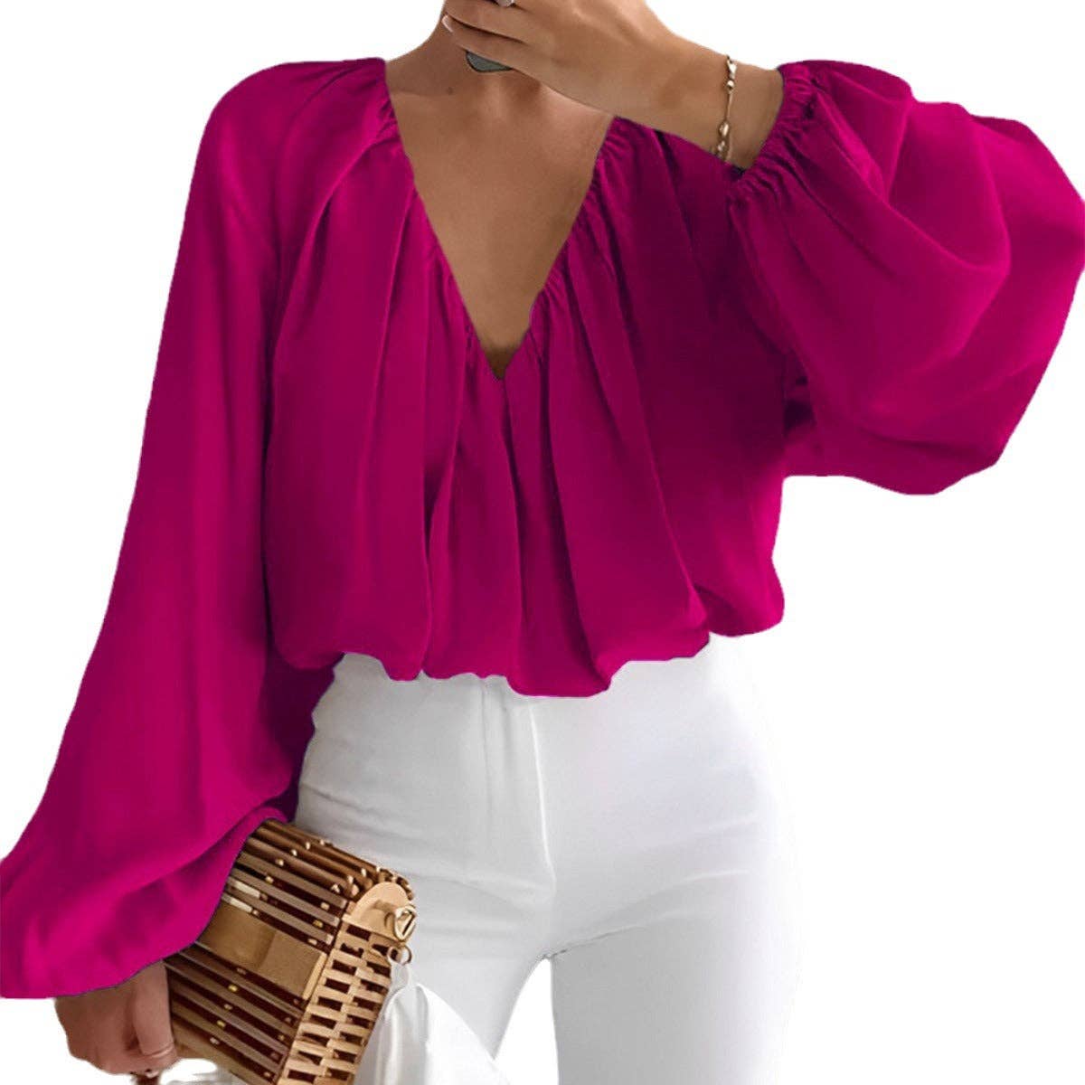 Printed V-Neck Long Sleeve Shirt Elegant Women's Loose Solid