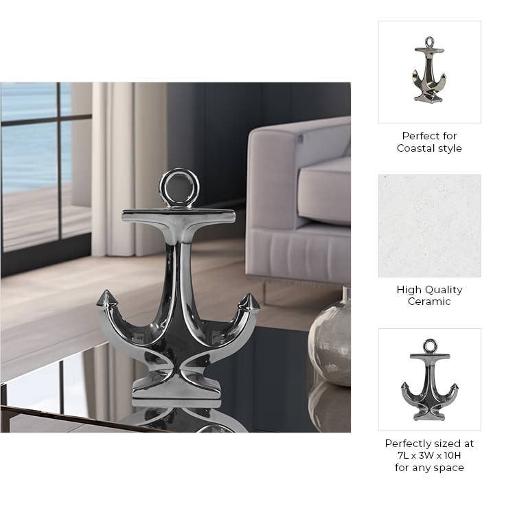 Silver 10 in. Ceramic Novelty Solid Coastal Anchor Sculpture