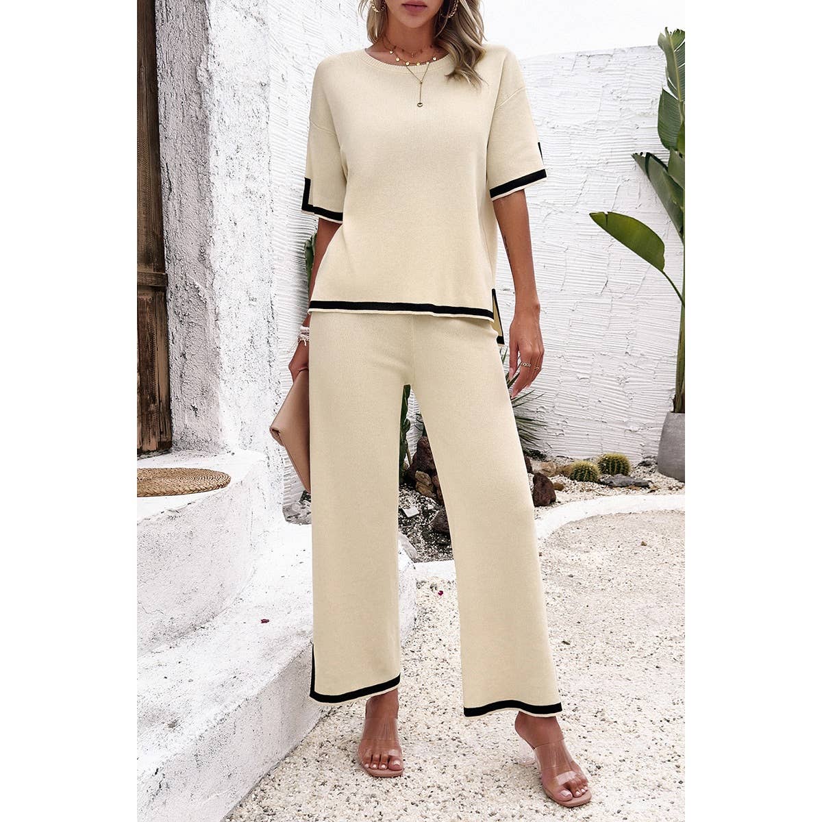 Two Pieces Round Neck Fit Blouse And Pants Sets
