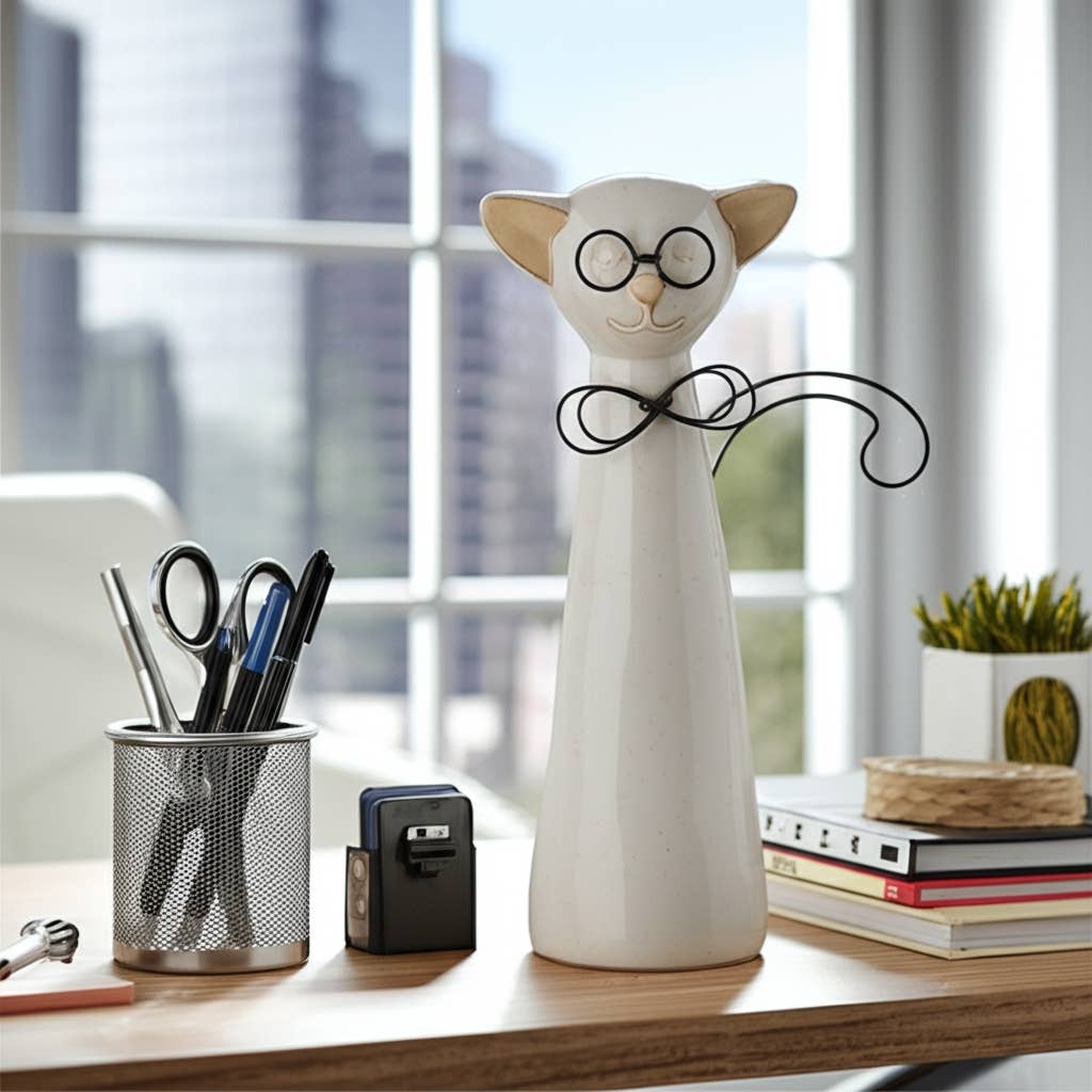 Ceramic Cat Figurine with Glasses and Bow - White, 11 in.