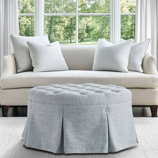 32" Light Blue Skirted Button Tufted Round Ottoman