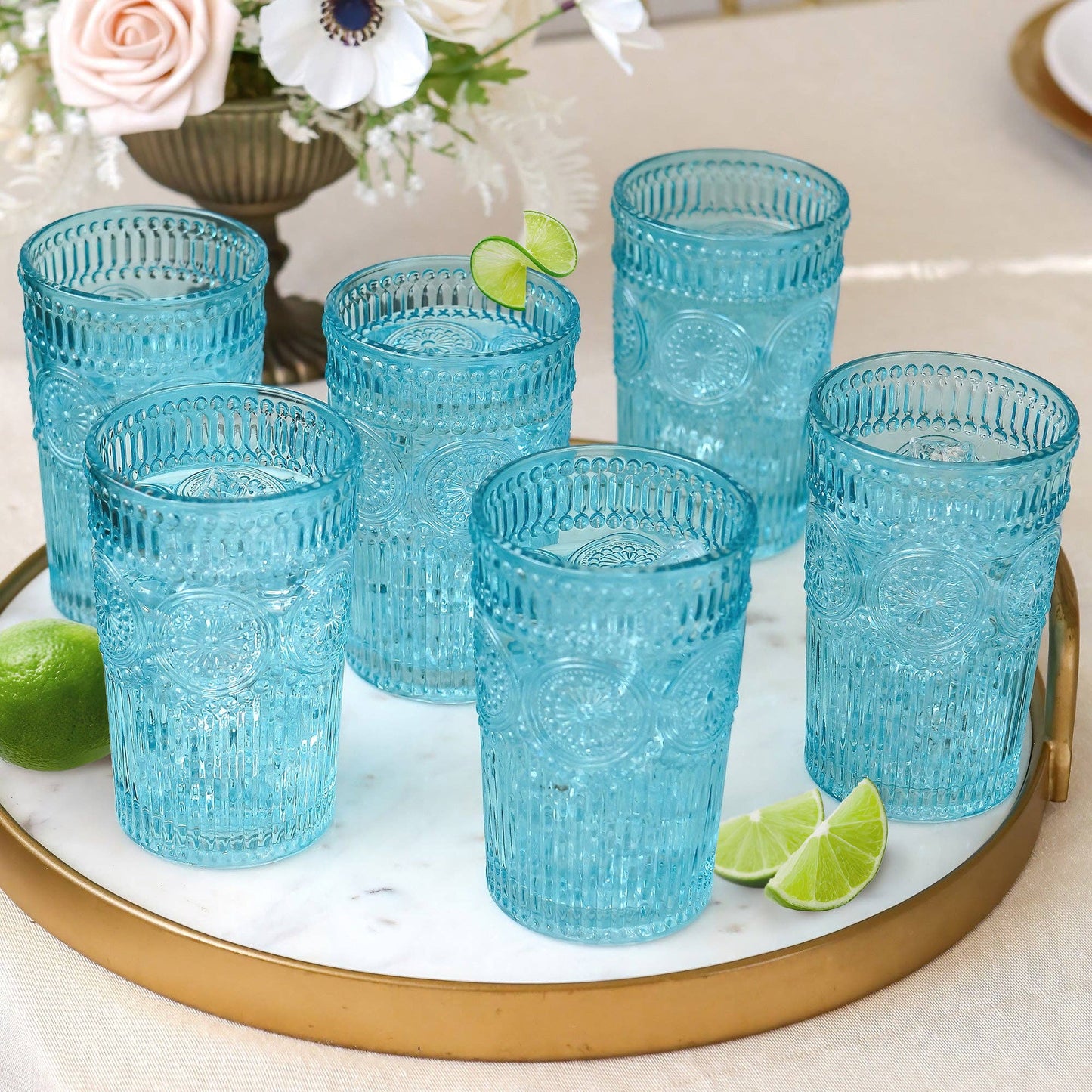 13 oz. Vintage Textured Aqua Blue Drinking Glasses (Set of 6